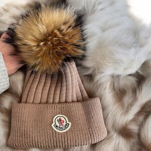 Moncler Tan Knit Wool Beanie Hat with Real Fur Pom